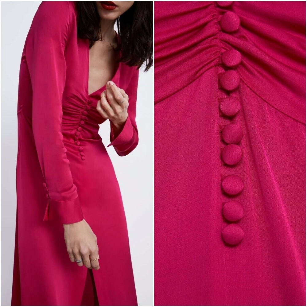 🤍 ZARA Long Maxi Slit Pink Satin Effect Maxi Gown Dress - Picture 2 of 8